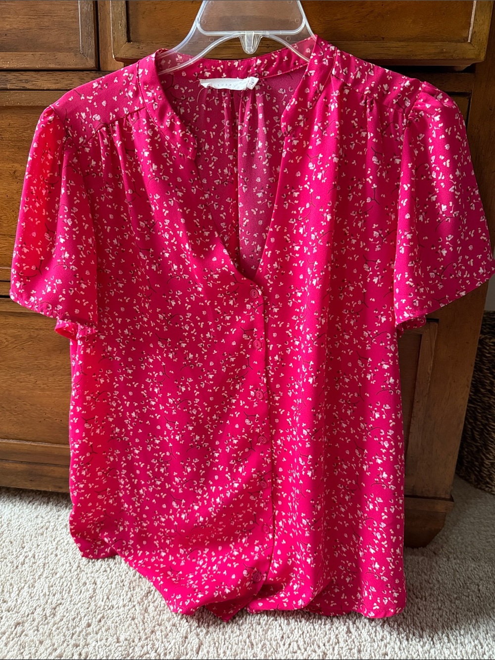 LUSH Women’s Pink Floral Short-Sleeve V-Neck Blouse